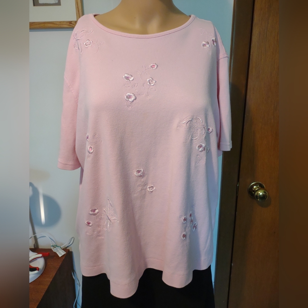 Womens Extra Large Pink Embroidered Floral And Butterfly Causal  Coastal Office